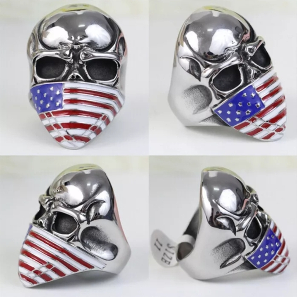 Stainless Steel Skull Ring with American Flag Design
